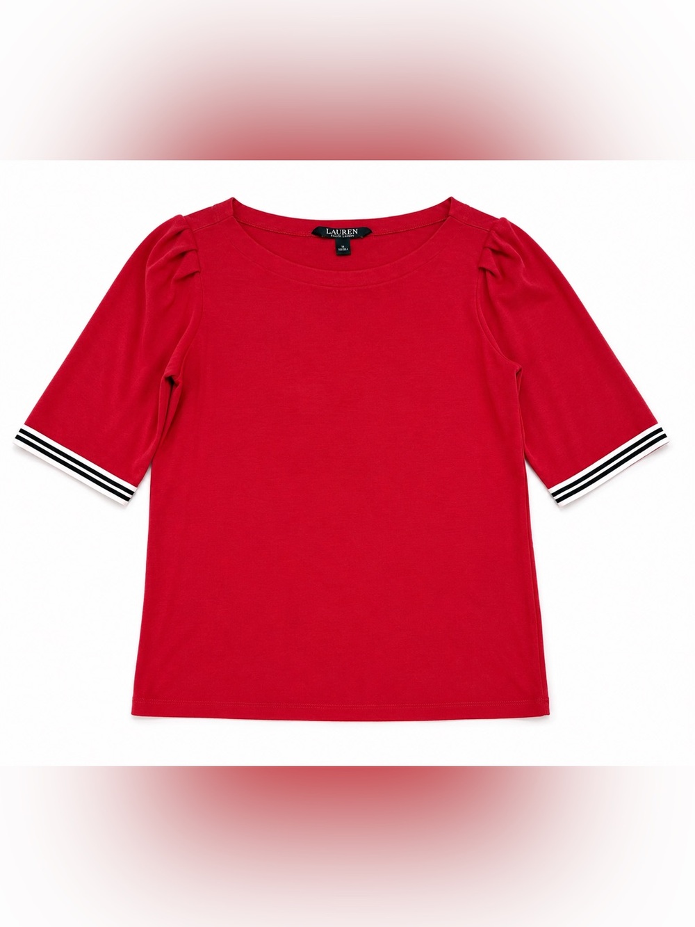 Lauren Ralph Lauren Red Boat Neck Short Sleeve Tee with Striped Cuffs - Large - Picture 4 of 9